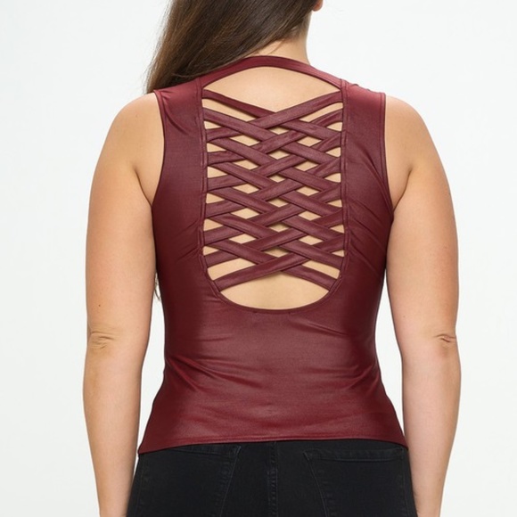 SEXY Faux Leather Zip Front Lace Up Strappy Fitted Vest Burgundy - Picture 6 of 9